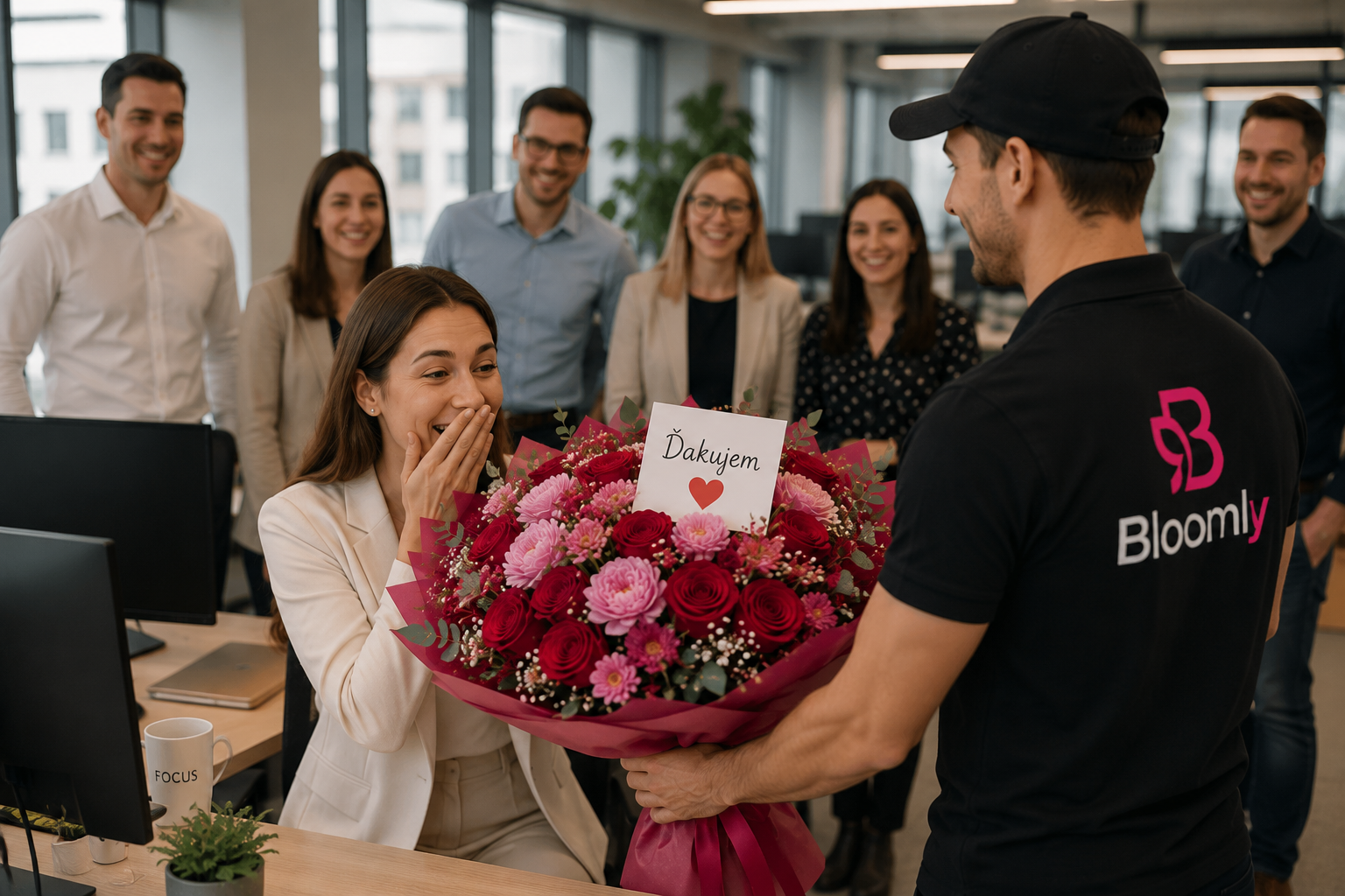 Kuriér Bloomly doručuje kyticu do kancelárie – firemná donáška kvetov v Trenčíne